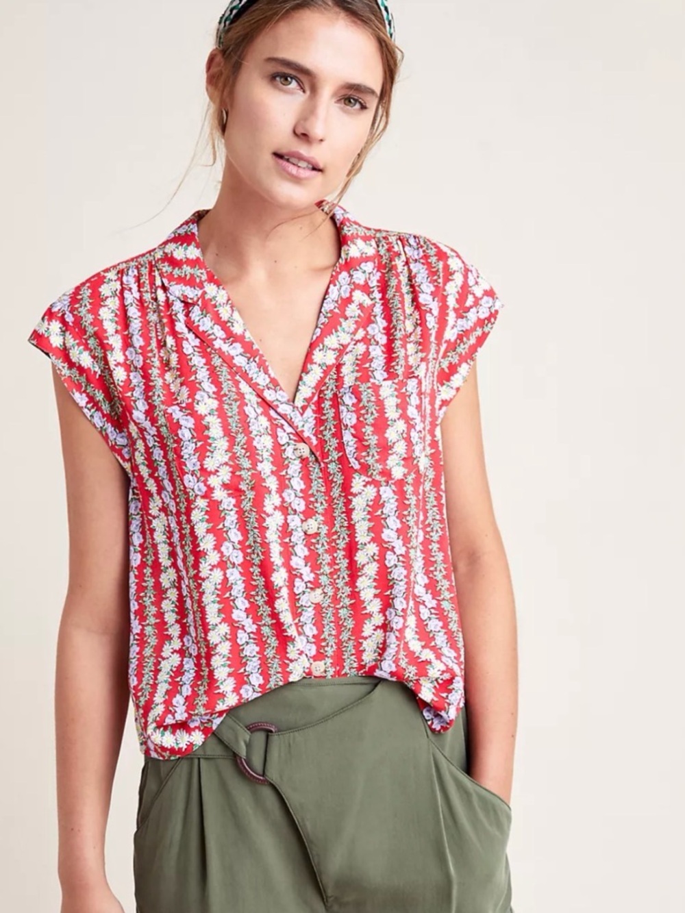 Conversations by Anthropologie floral Stripe Red Cap-Sleeve Button Front Top